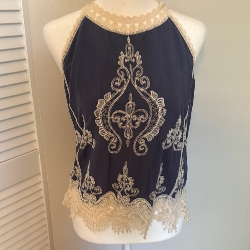 Elegant Blue and Cream Lace Top