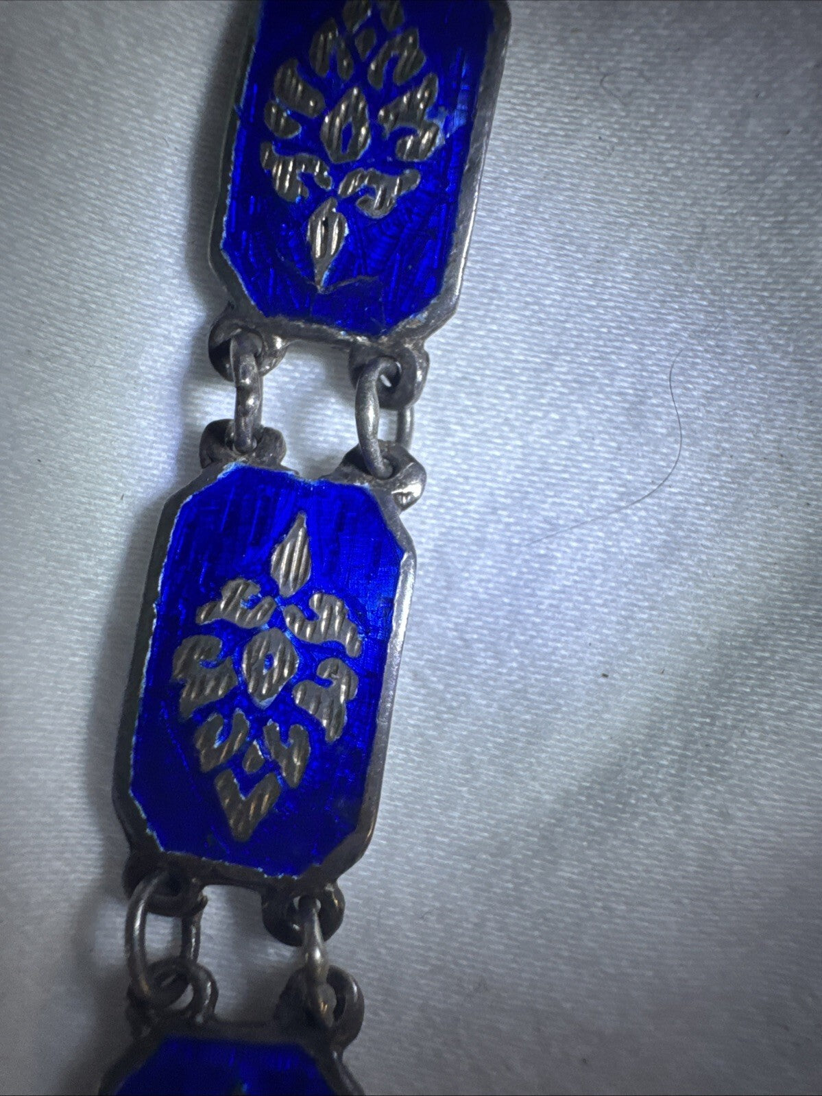 Bracelet - SIAM Sterling Silver Blue Enamel Link 7" Vintage pre- 1950s