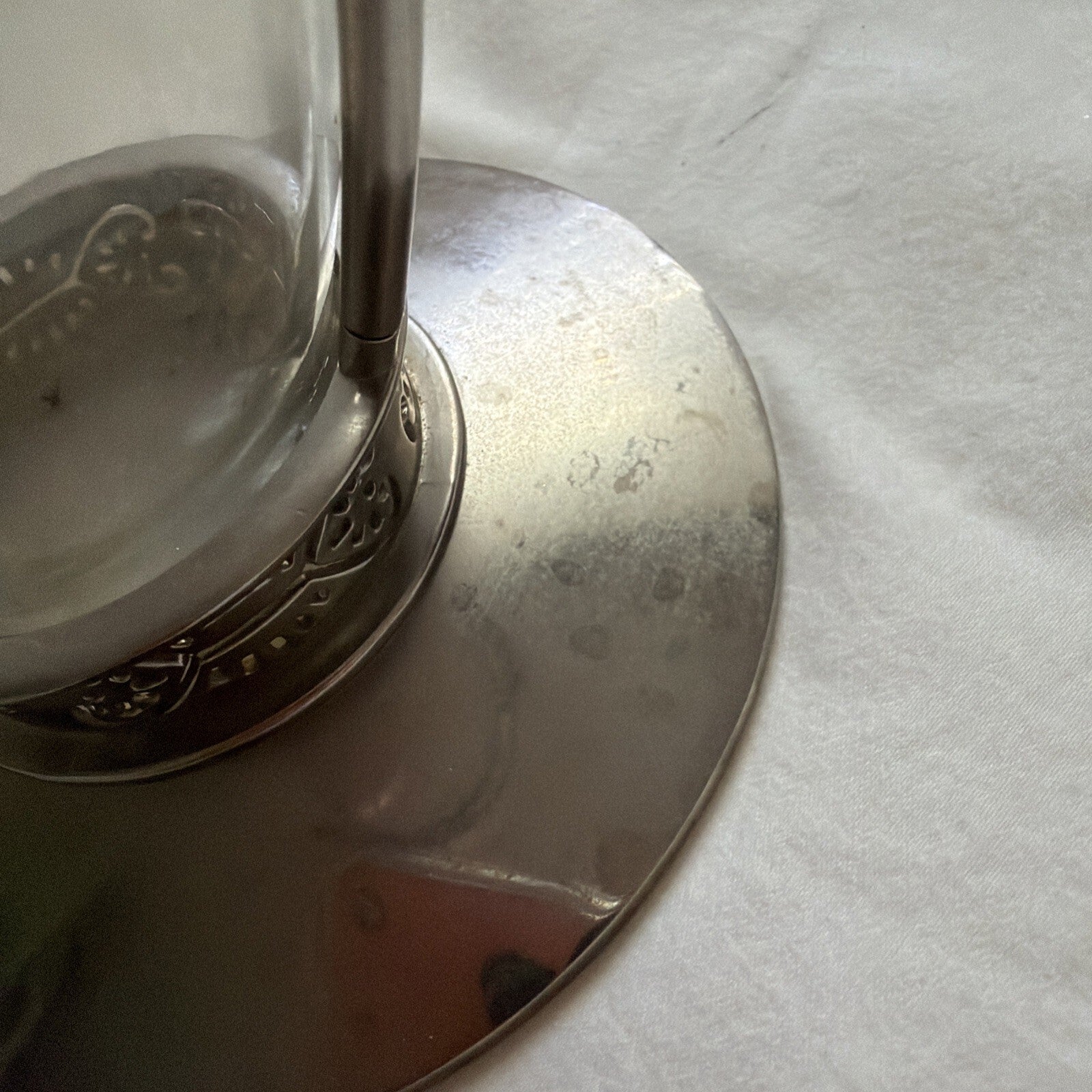 Vintage Clear Glass FTD Vase with Metal Base and Leaf Band, 9" Tall