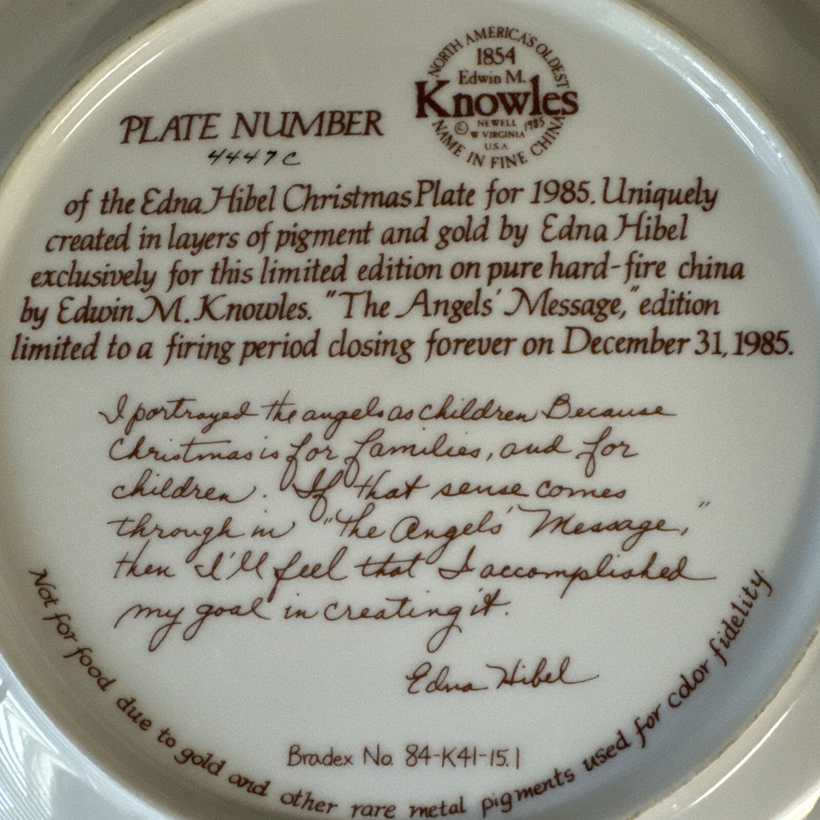 EDNA HIBEL Christmas Plate The Angels' Message limited edition - 1985 Vintage