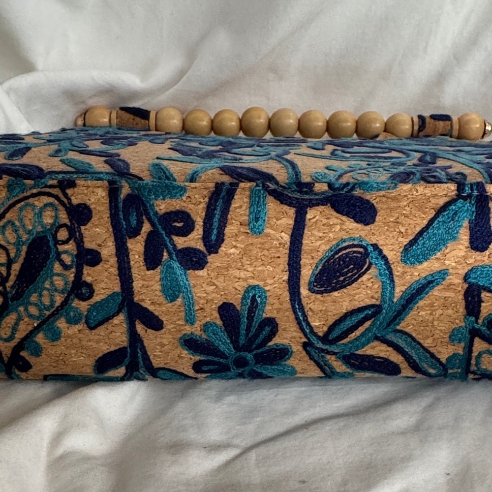 Elegant Tan and Blue Embroidered cork Clutch