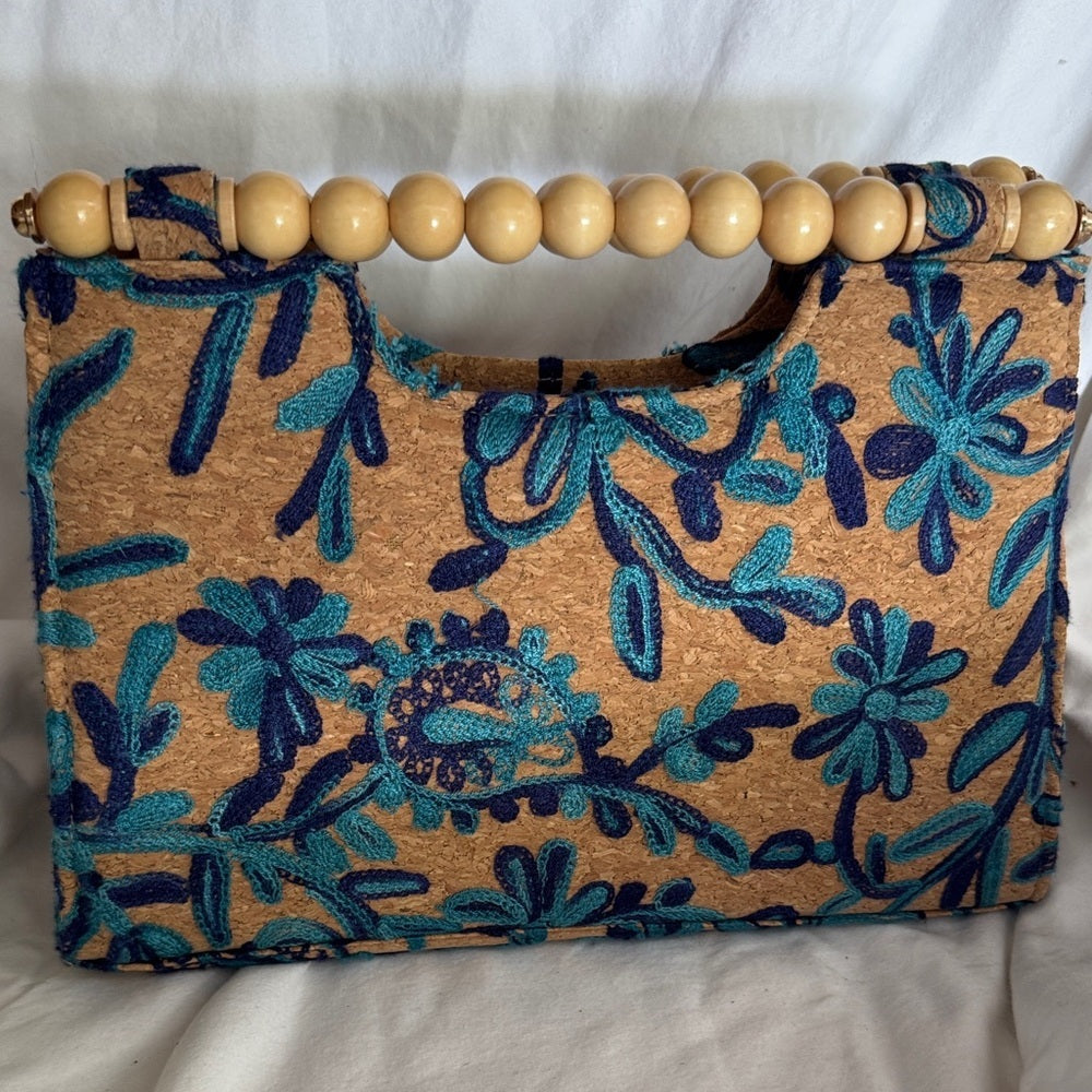 Elegant Tan and Blue Embroidered cork Clutch