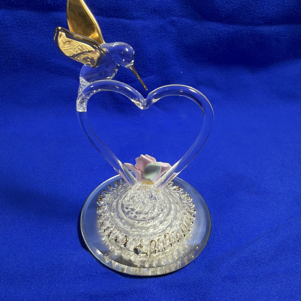 Hummingbird Crystal Hand Blown Glass 3.5" Gold Wings On A Pink Flower mirror