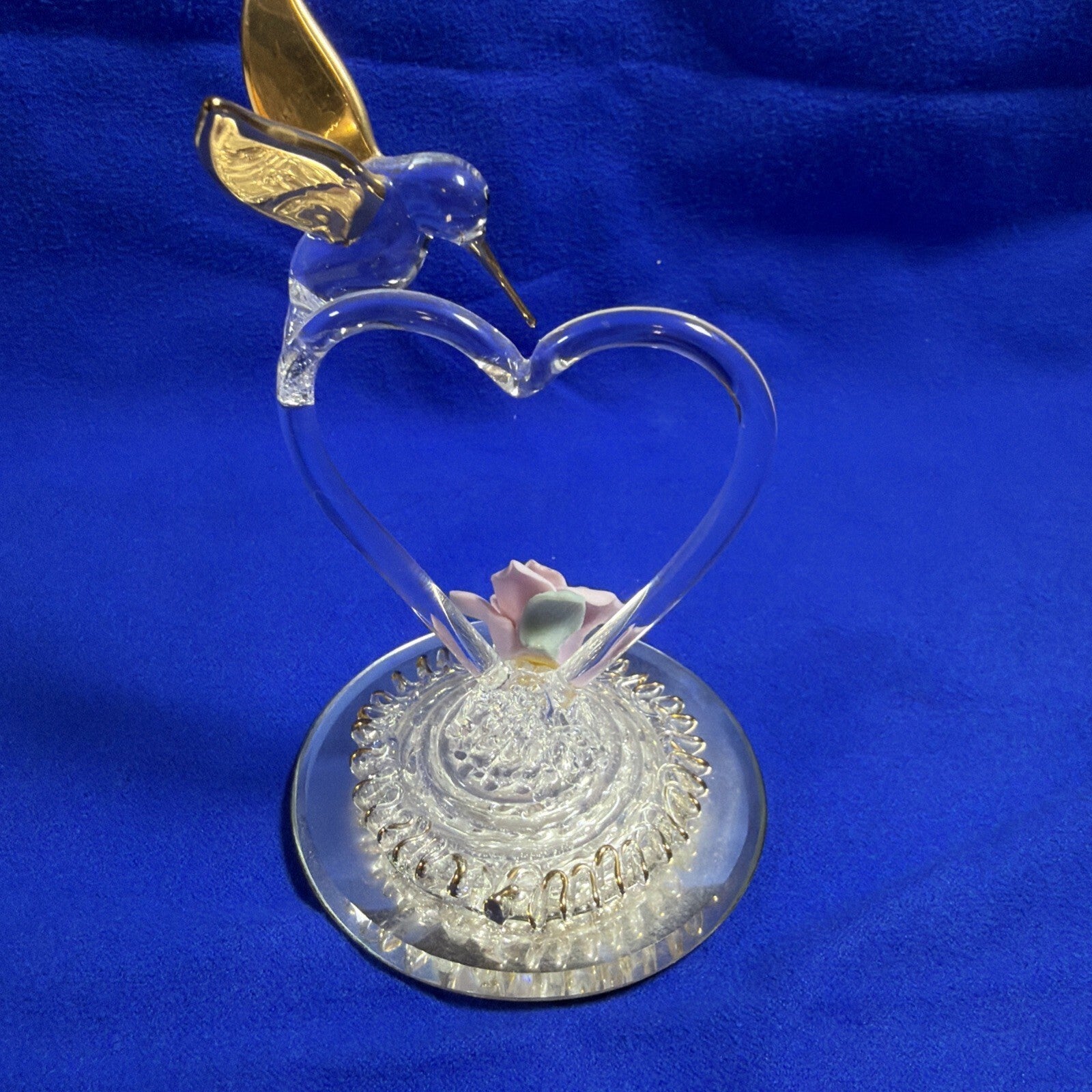 Hummingbird Crystal Hand Blown Glass 3.5" Gold Wings On A Pink Flower mirror
