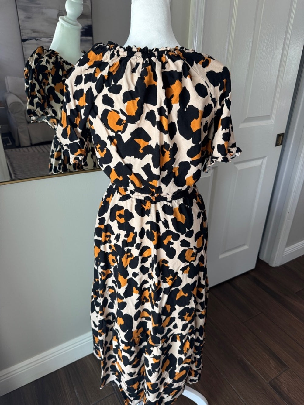Women's Beige Leopard Print Midi Dress with Ruffle Neck
