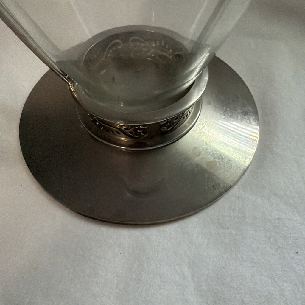 Vintage Clear Glass FTD Vase with Metal Base and Leaf Band, 9" Tall