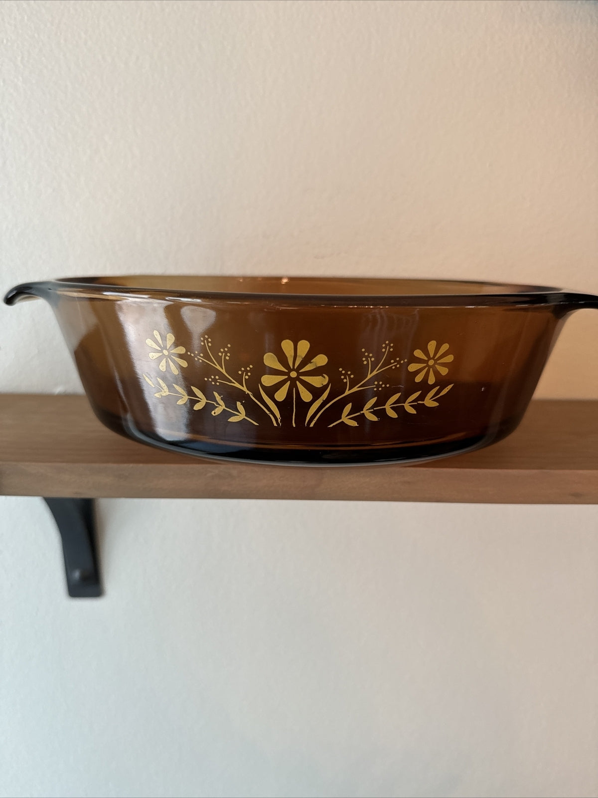 Vintage GLASBAKE Glass 8.5" Casserole Casserole Dish Yellow Daisy Brown Amber