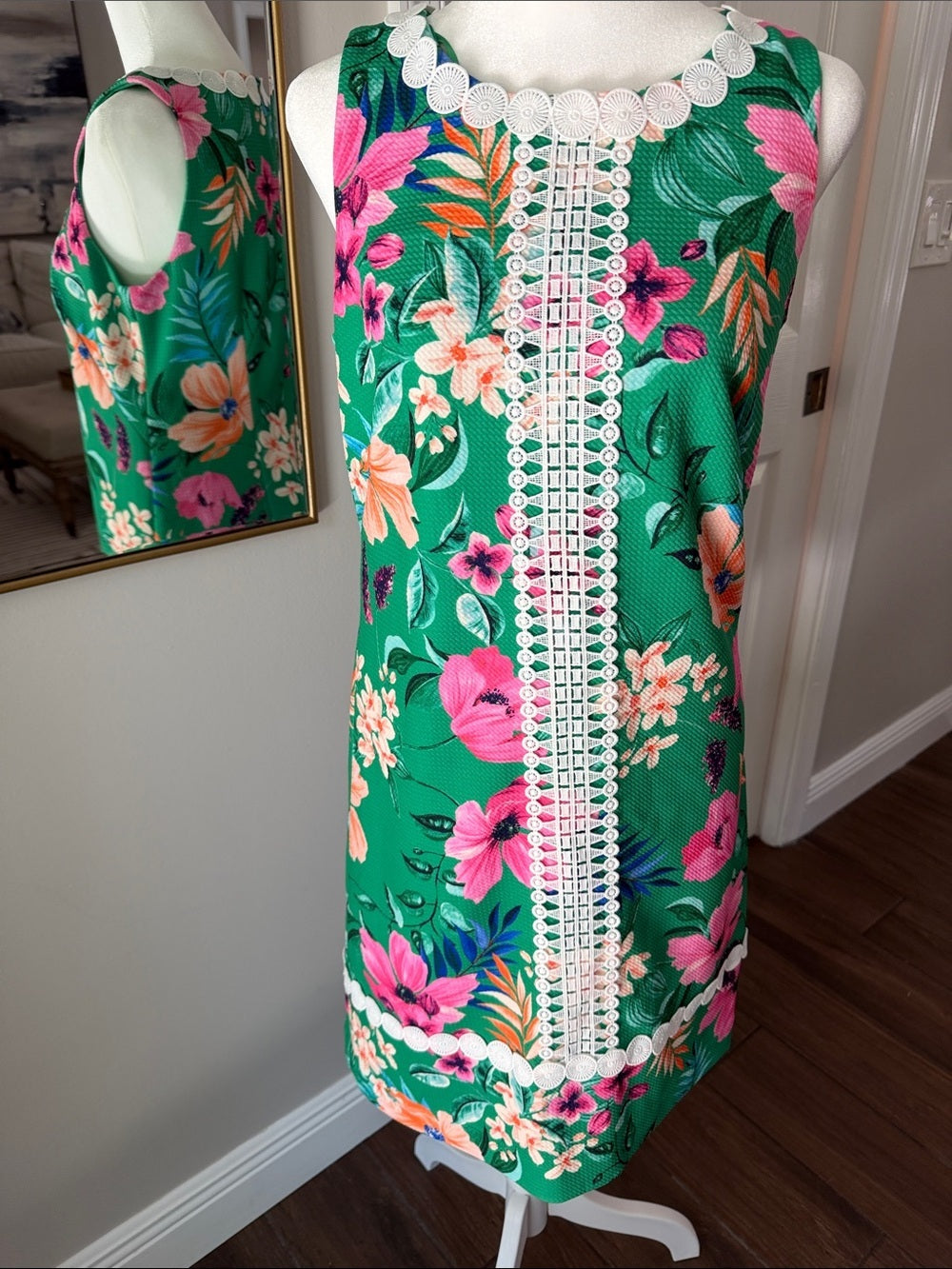 Eliza J Green Floral Sleeveless Dress with Lace Trim NWT SZ 4