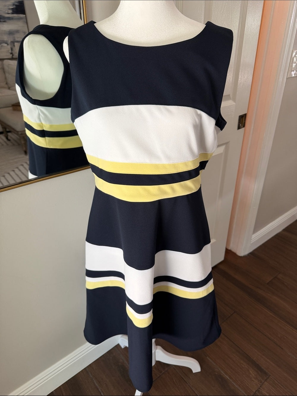 TOMMY HILFIGER SZ 10 Sleeveless Navy Stripe Fit & Flare Dress w/ Yellow Accents
