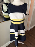 TOMMY HILFIGER SZ 10 Sleeveless Navy Stripe Fit & Flare Dress w/ Yellow Accents