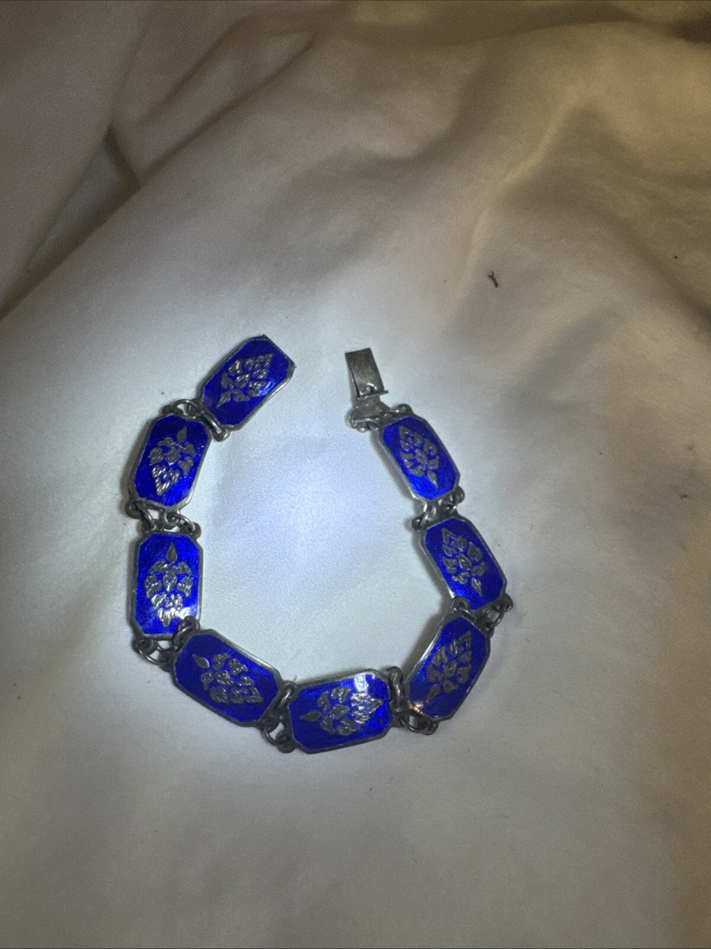 Bracelet - SIAM Sterling Silver Blue Enamel Link 7" Vintage pre- 1950s