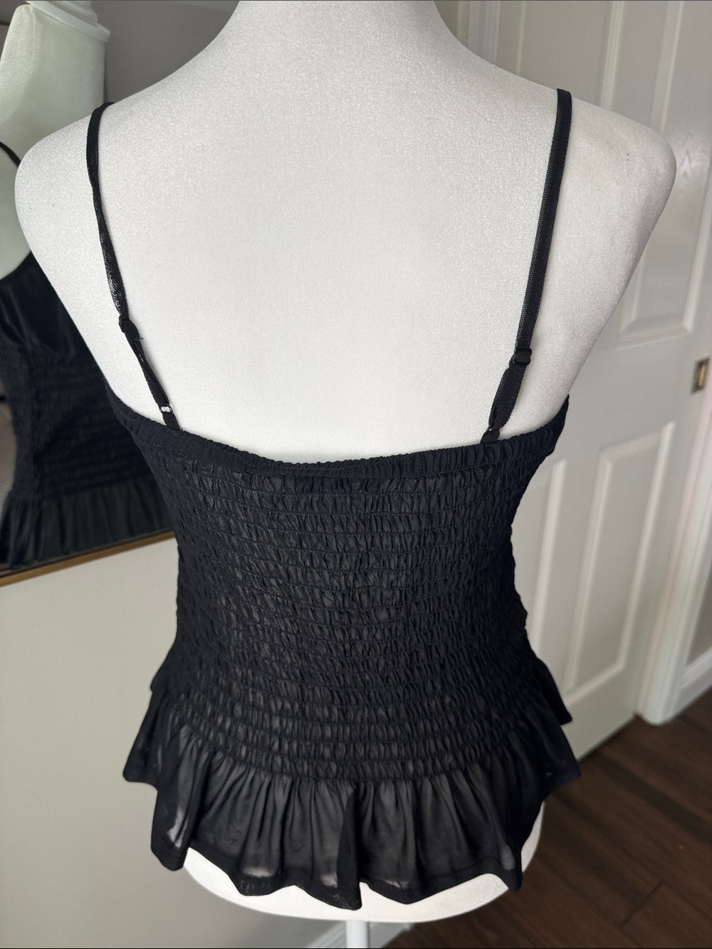 VENUS Black Smocked Peplum Cami with Tie Front
