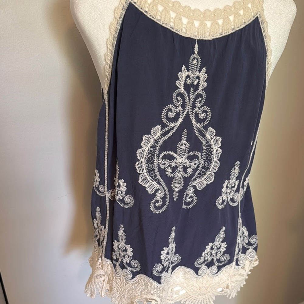 Elegant Blue and Cream Lace Top