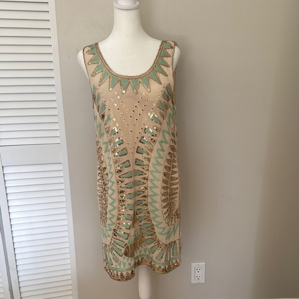 Chic Beaded Dress in Gold and Mint