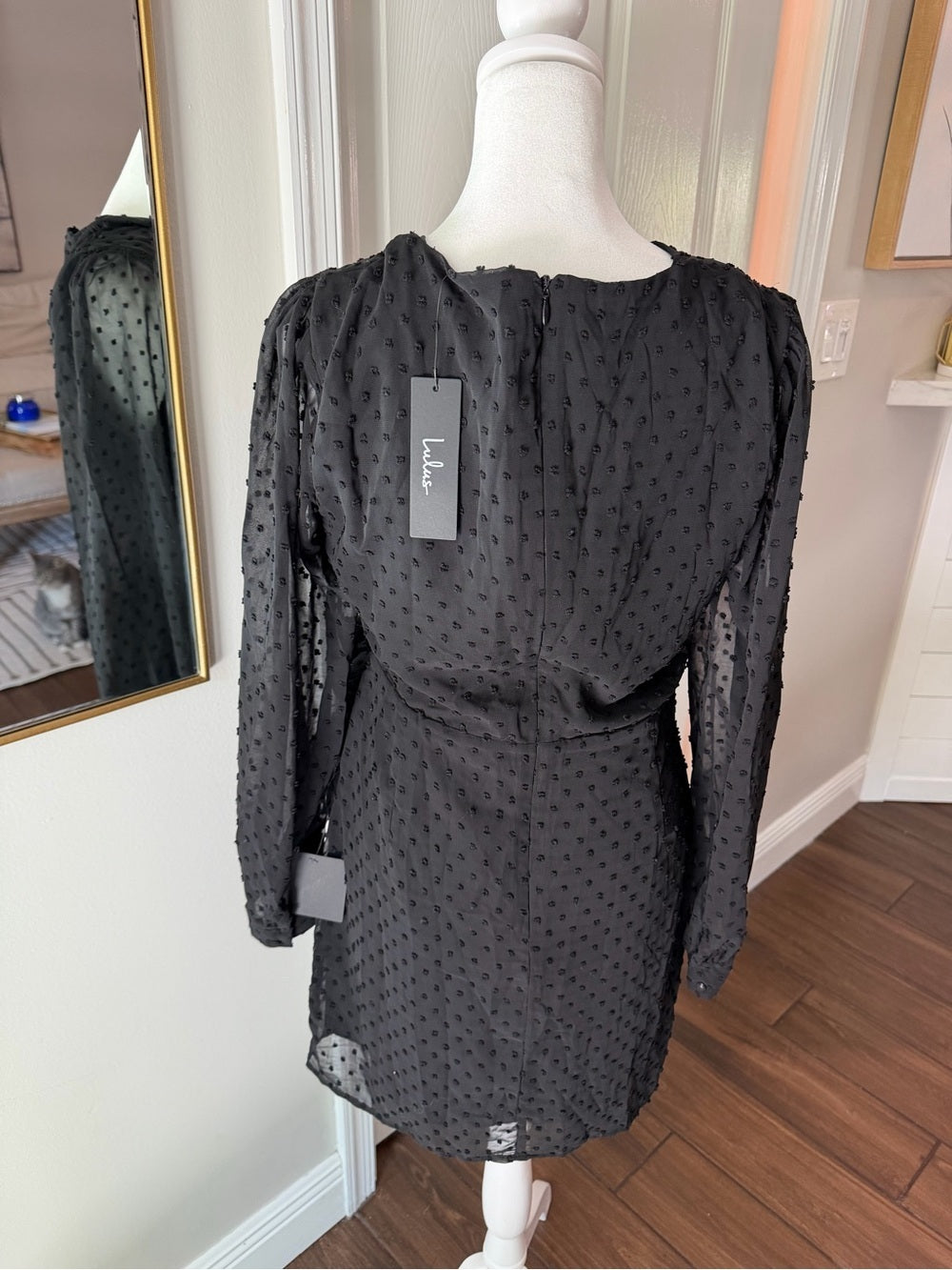 Lulus Much Love Black Swiss Dot Long-Sleeve tie front mini dress SZ medium NWT