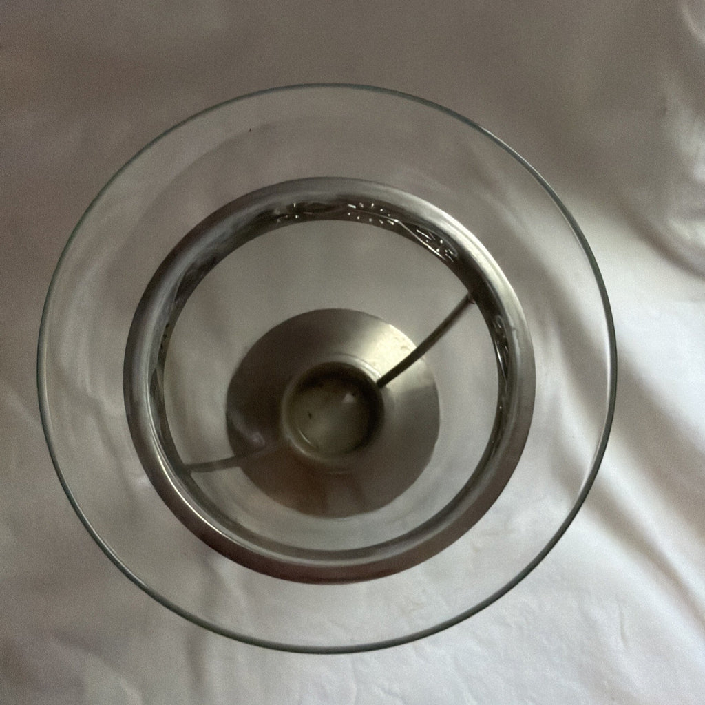 Vintage Clear Glass FTD Vase with Metal Base and Leaf Band, 9" Tall