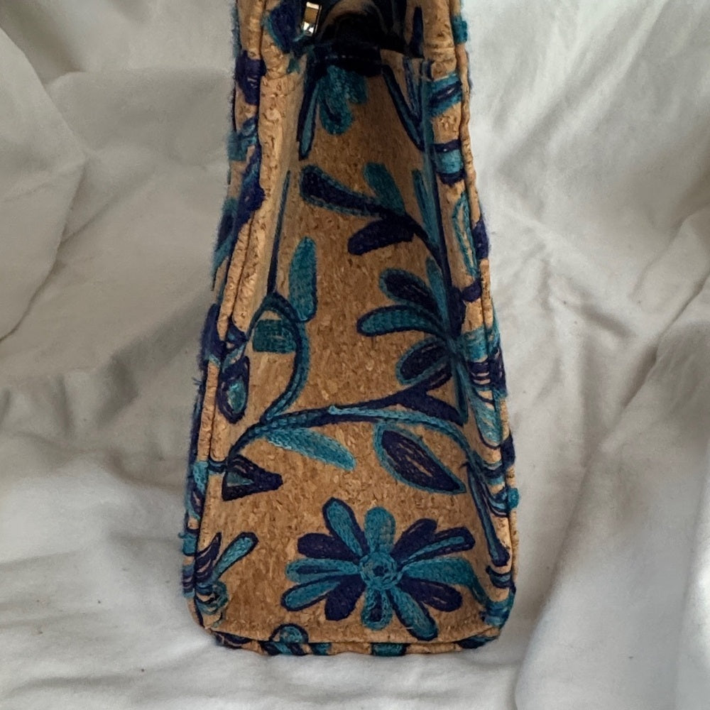 Elegant Tan and Blue Embroidered cork Clutch