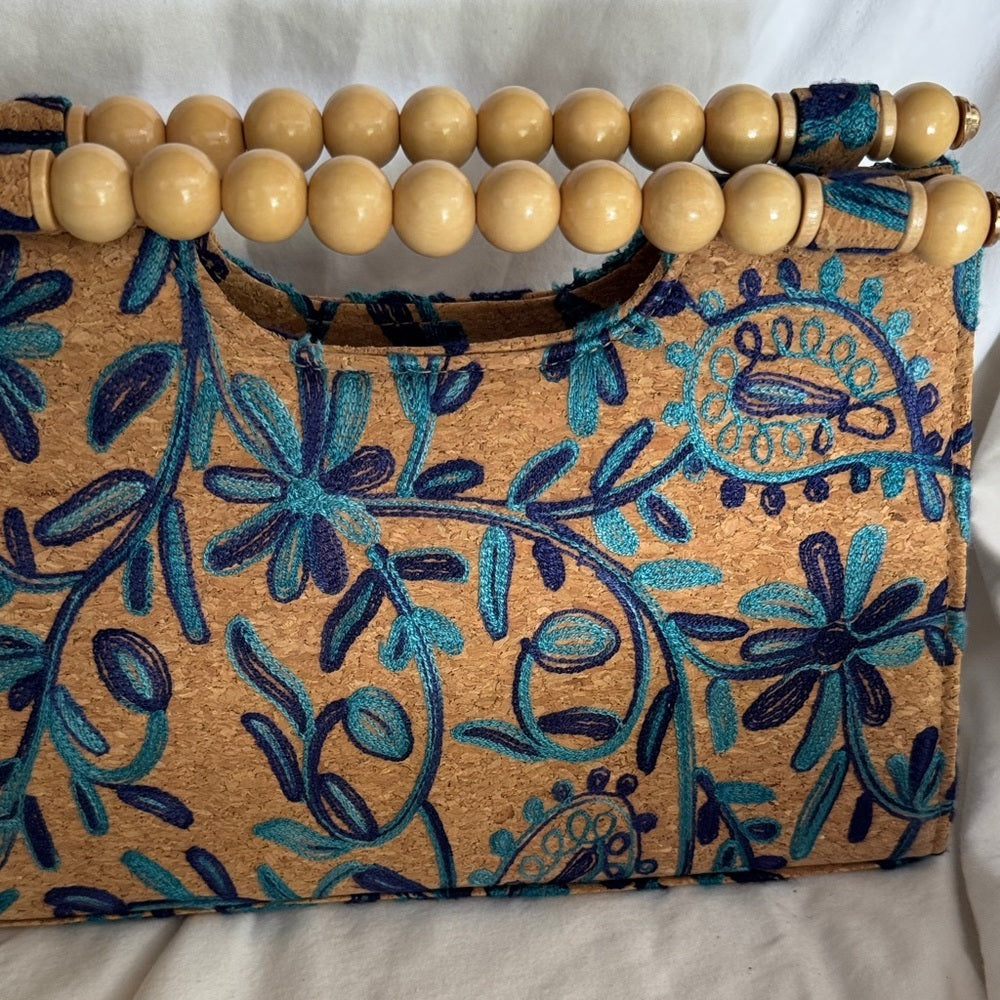Elegant Tan and Blue Embroidered cork Clutch