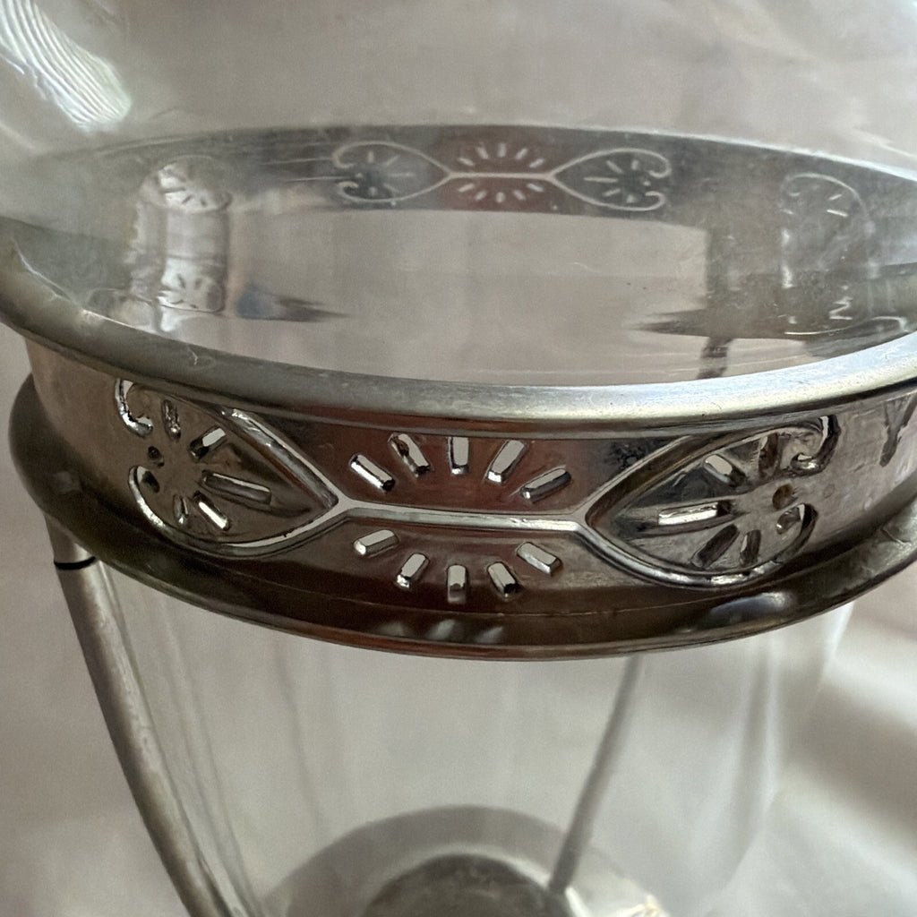 Vintage Clear Glass FTD Vase with Metal Base and Leaf Band, 9" Tall