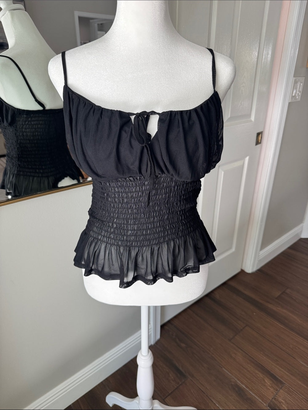 VENUS Black Smocked Peplum Cami with Tie Front