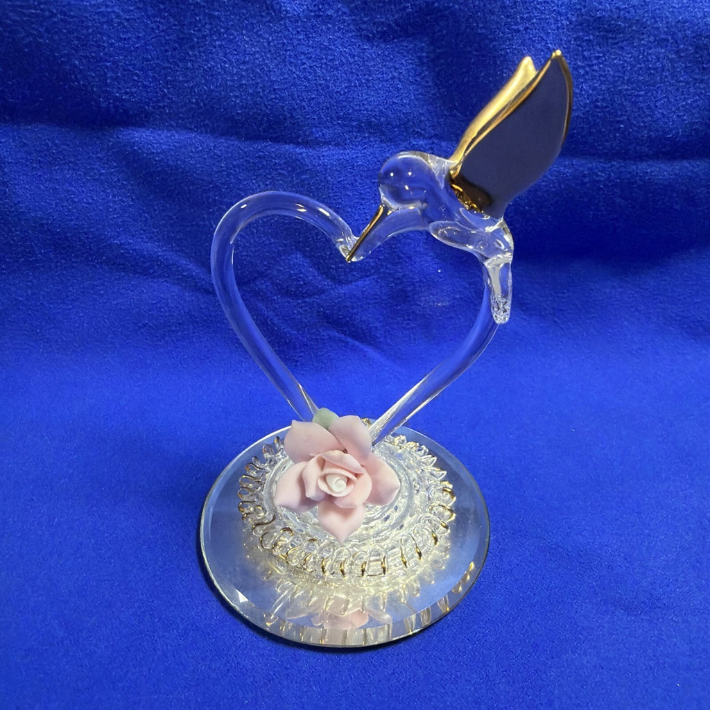 Hummingbird Crystal Hand Blown Glass 3.5" Gold Wings On A Pink Flower mirror