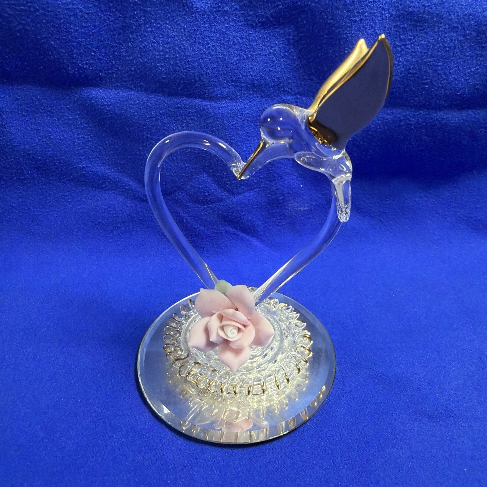 Hummingbird Crystal Hand Blown Glass 3.5" Gold Wings On A Pink Flower mirror