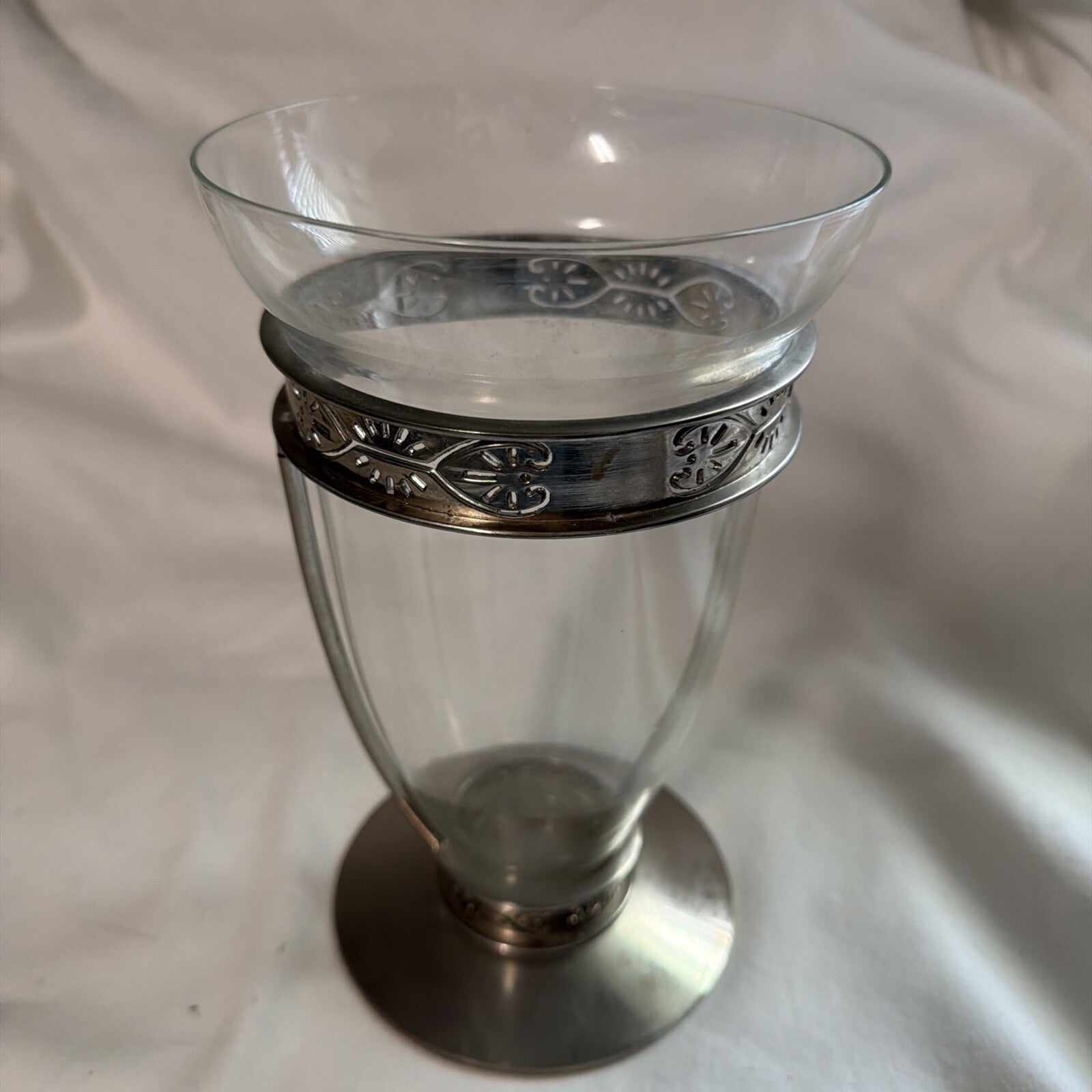 Vintage Clear Glass FTD Vase with Metal Base and Leaf Band, 9" Tall