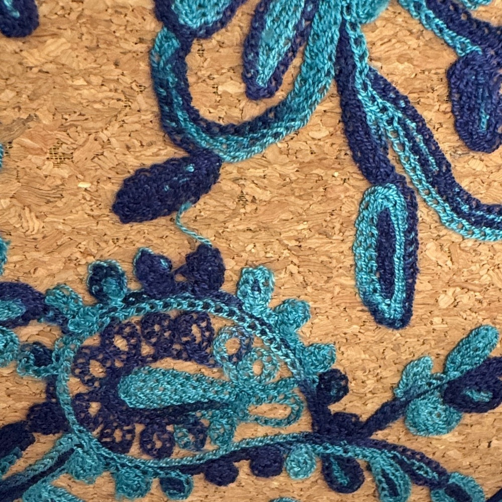 Elegant Tan and Blue Embroidered cork Clutch