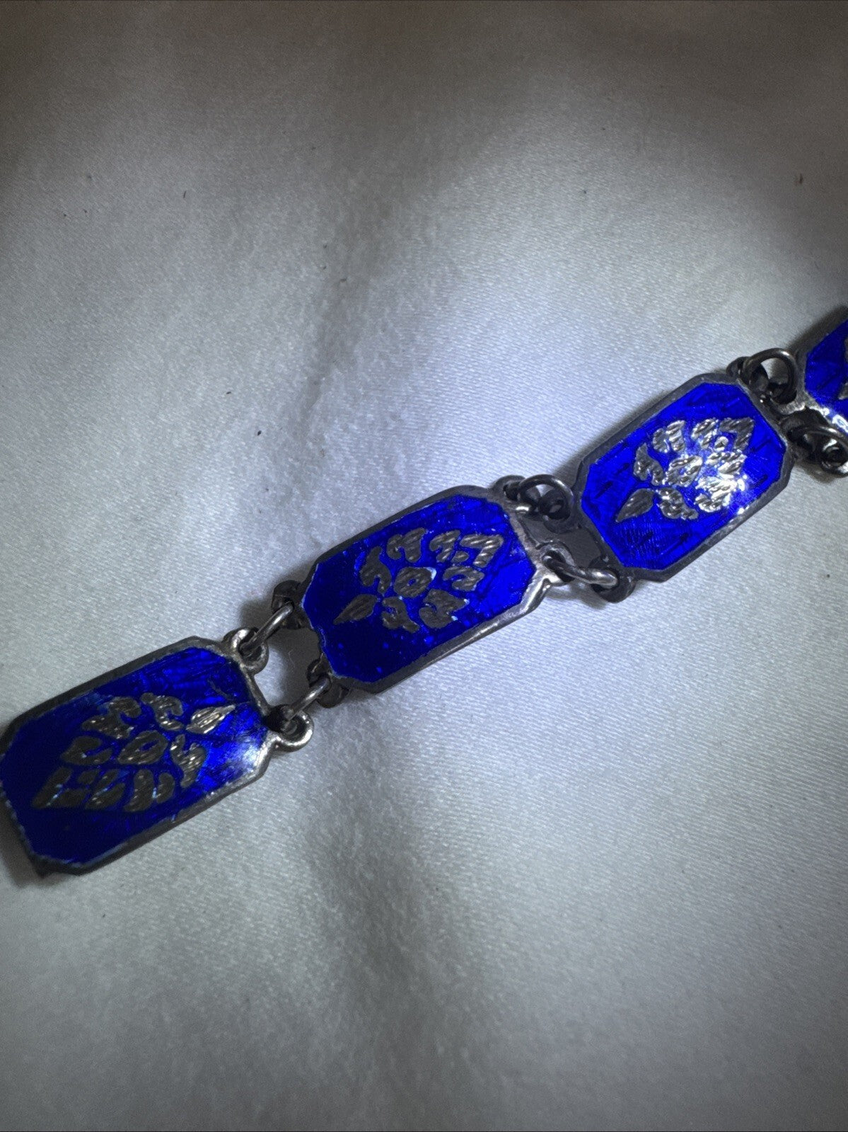 Bracelet - SIAM Sterling Silver Blue Enamel Link 7" Vintage pre- 1950s