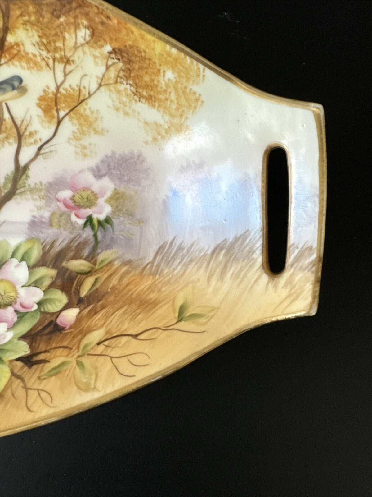 Nippon Hand painted  Country Scene W/ Blue Bird Celery Or Relish Dish