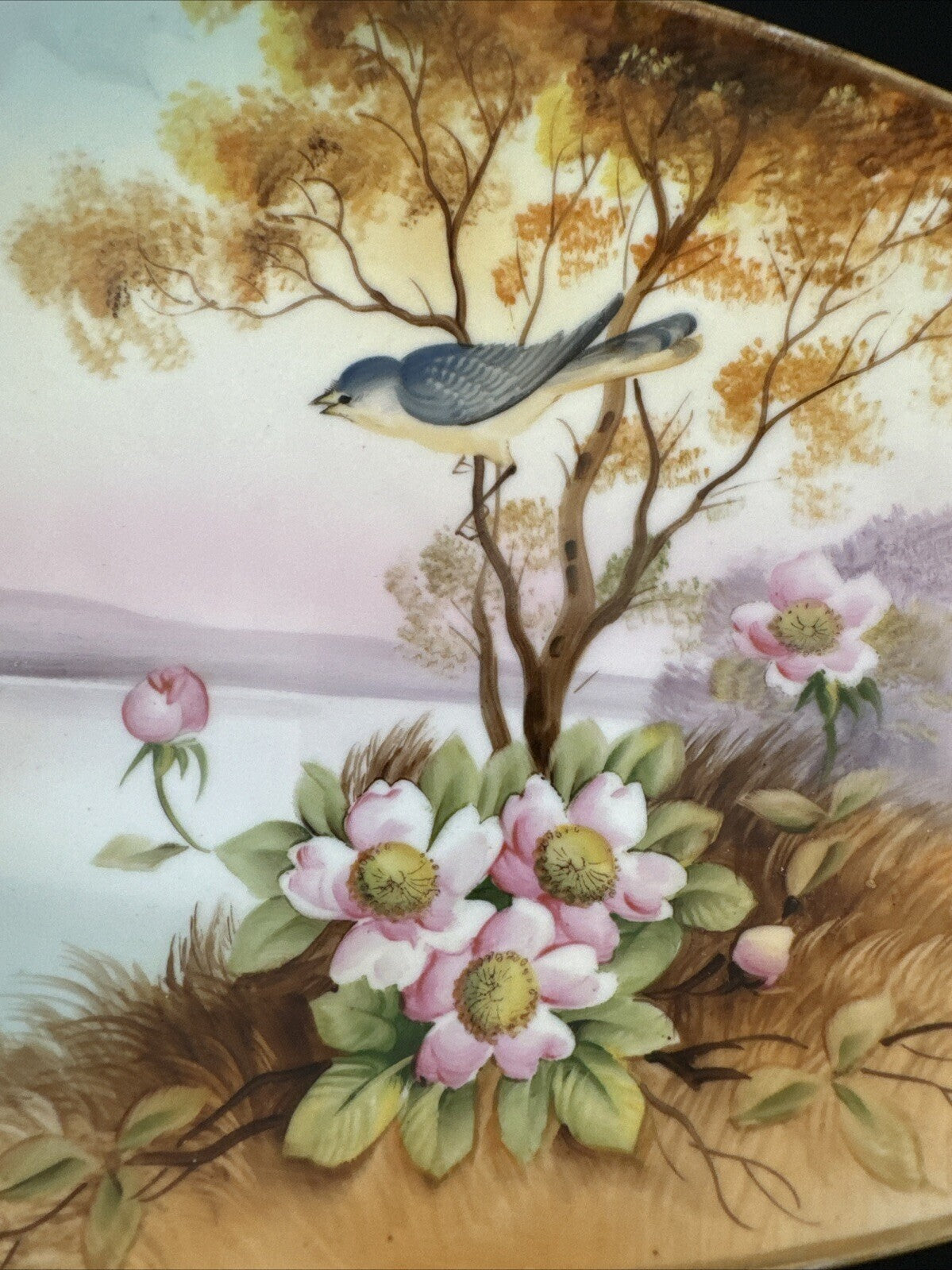 Nippon Hand painted  Country Scene W/ Blue Bird Celery Or Relish Dish