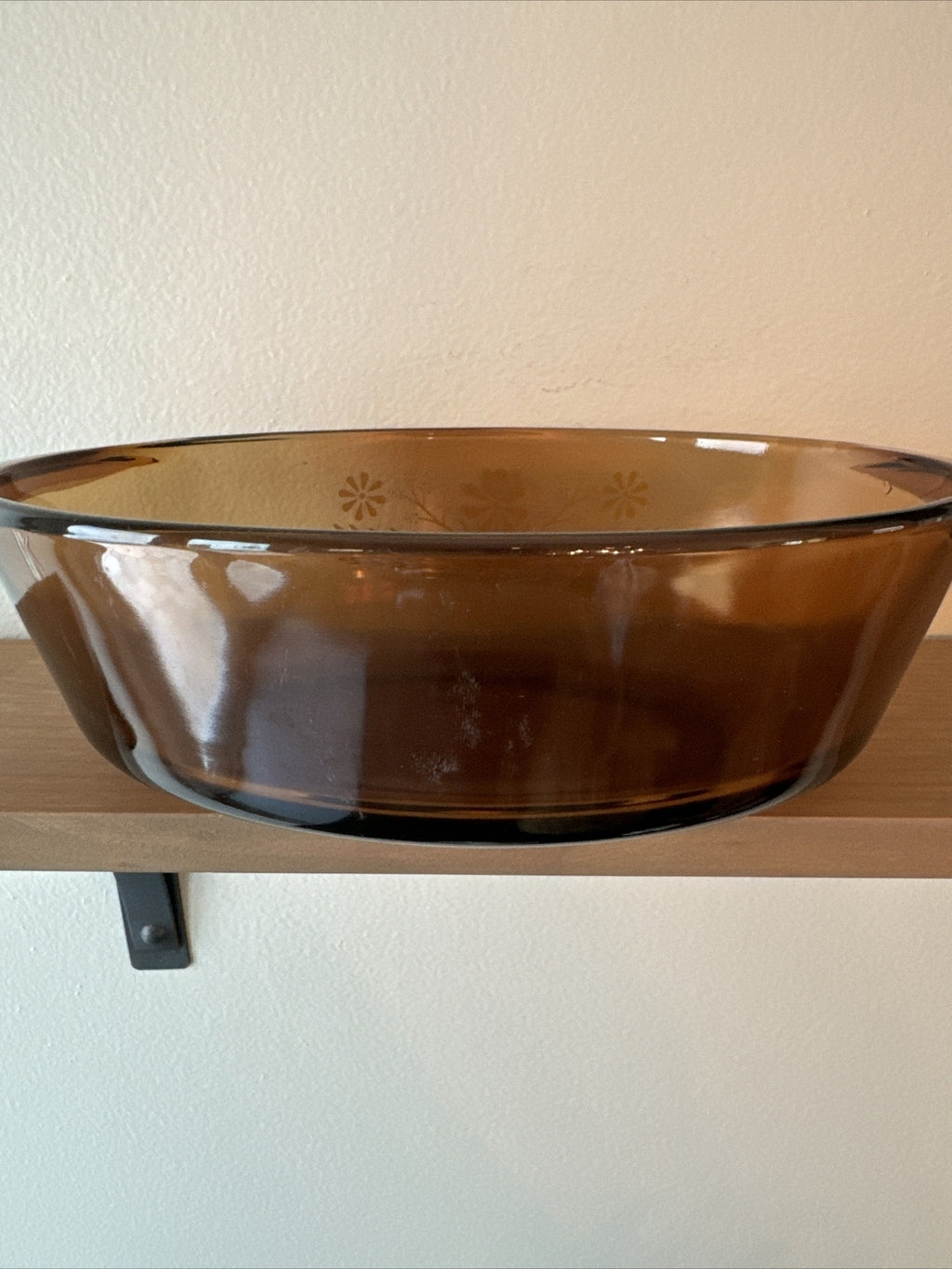 Vintage GLASBAKE Glass 8.5" Casserole Casserole Dish Yellow Daisy Brown Amber