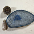 Dyed blue agate Geode sliced  & 2 brown, and beige agate geodes ￼