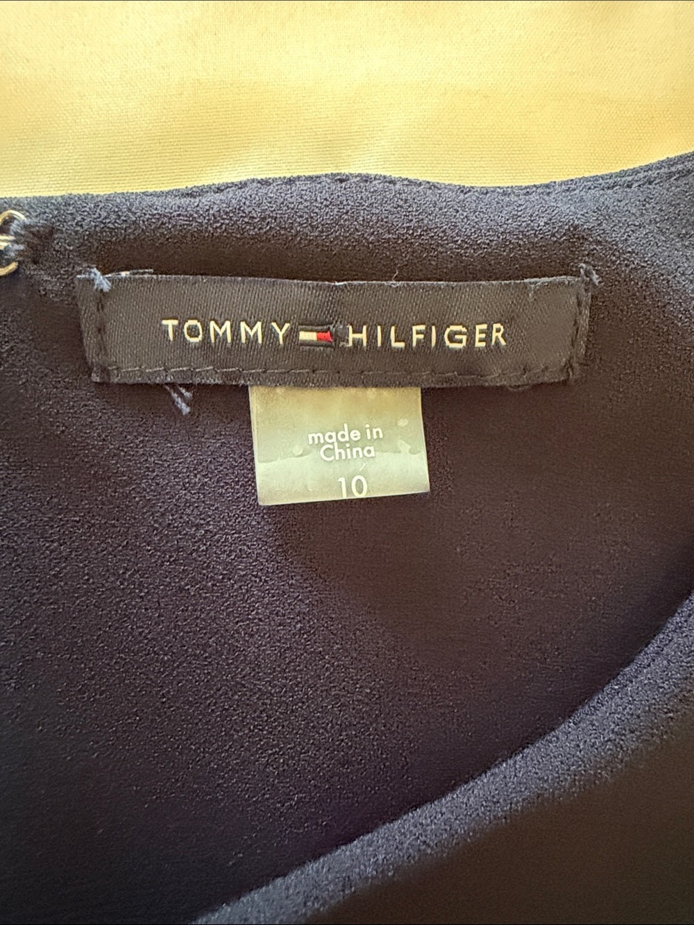 TOMMY HILFIGER SZ 10 Sleeveless Navy Stripe Fit & Flare Dress w/ Yellow Accents