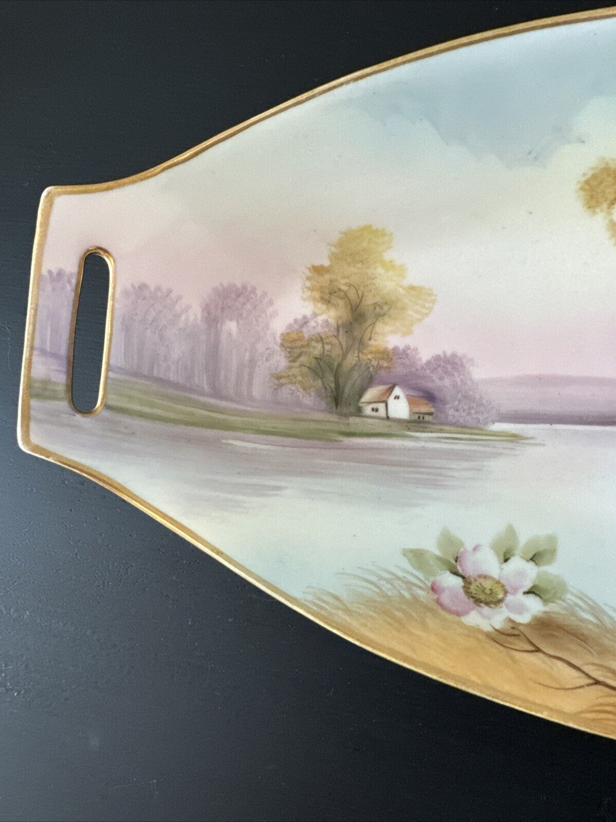 Nippon Hand painted  Country Scene W/ Blue Bird Celery Or Relish Dish